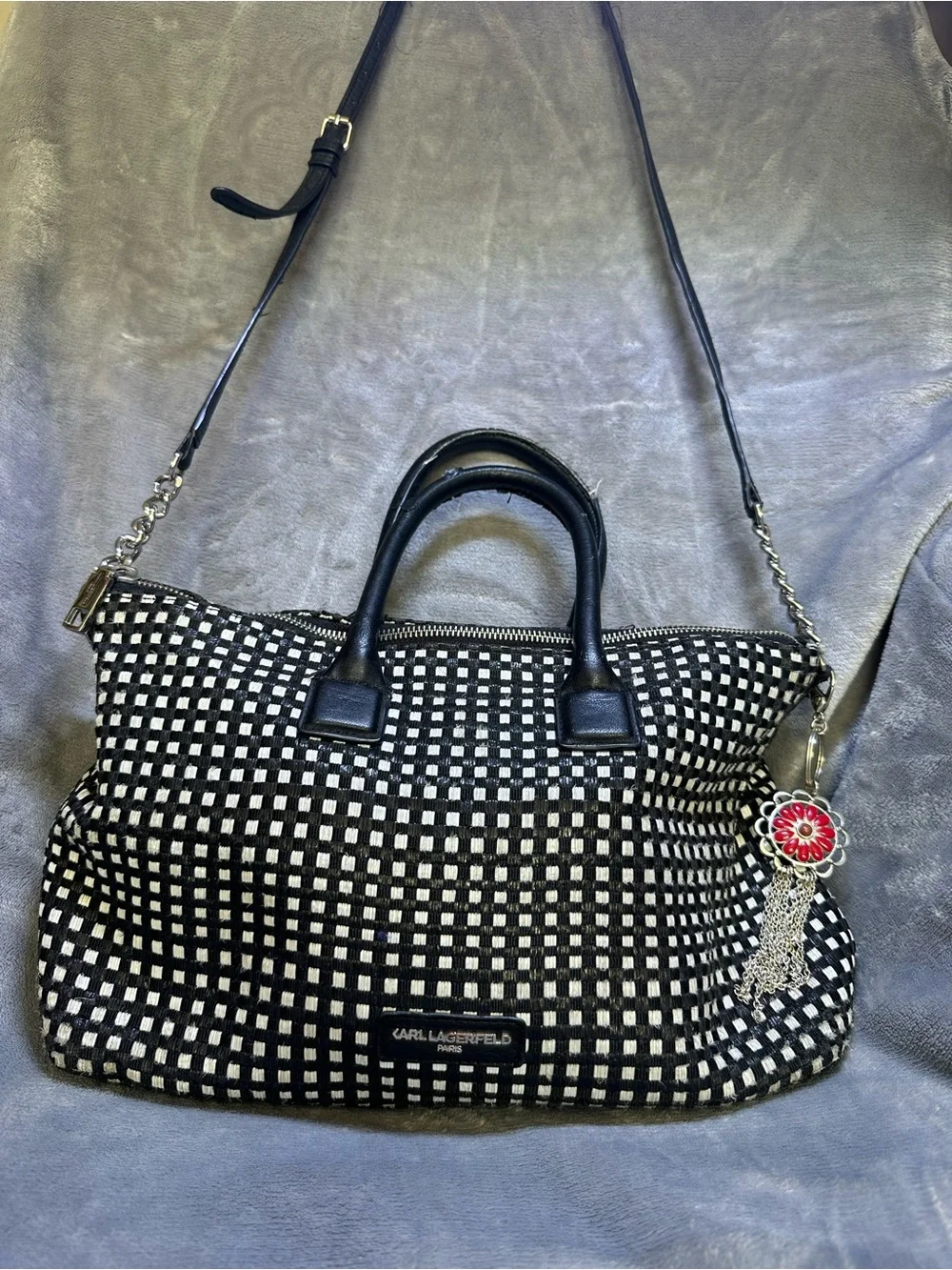 Karl Lagerfeld Black and White Woven Satchel with Charm